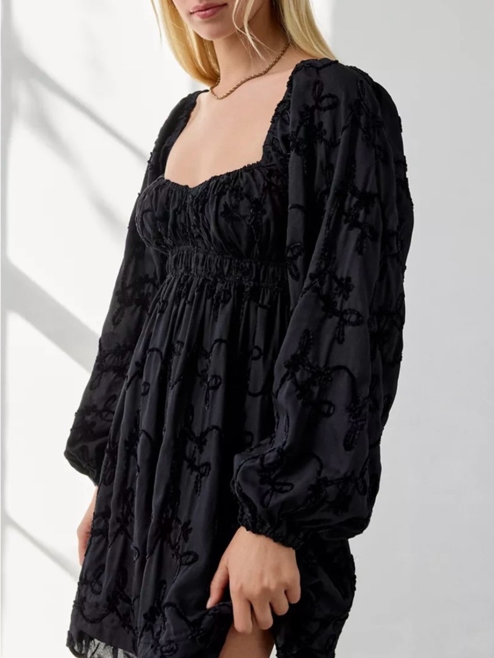 Kiss The Sky Bree Floral Jacquard Long Sleeve Babydoll Mini Dress